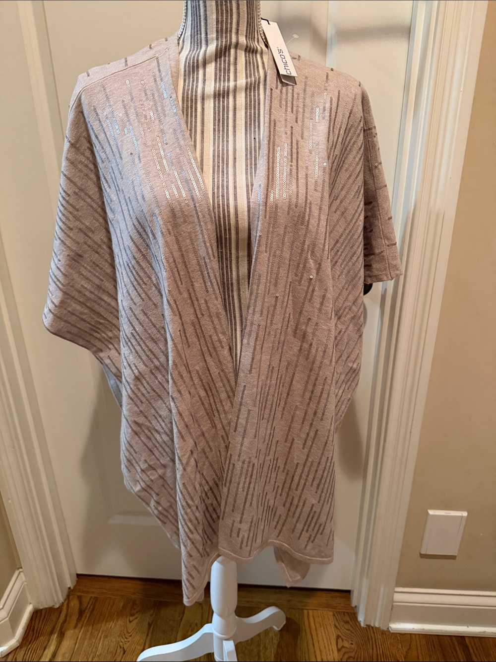 Chico's Taupe Sequined Open-Front Knit Poncho